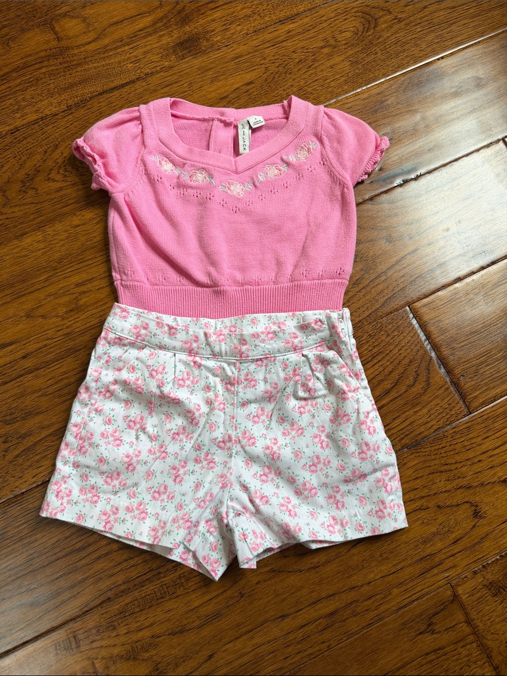 Janie and Jack Pink Knit Top with White Floral Shorts